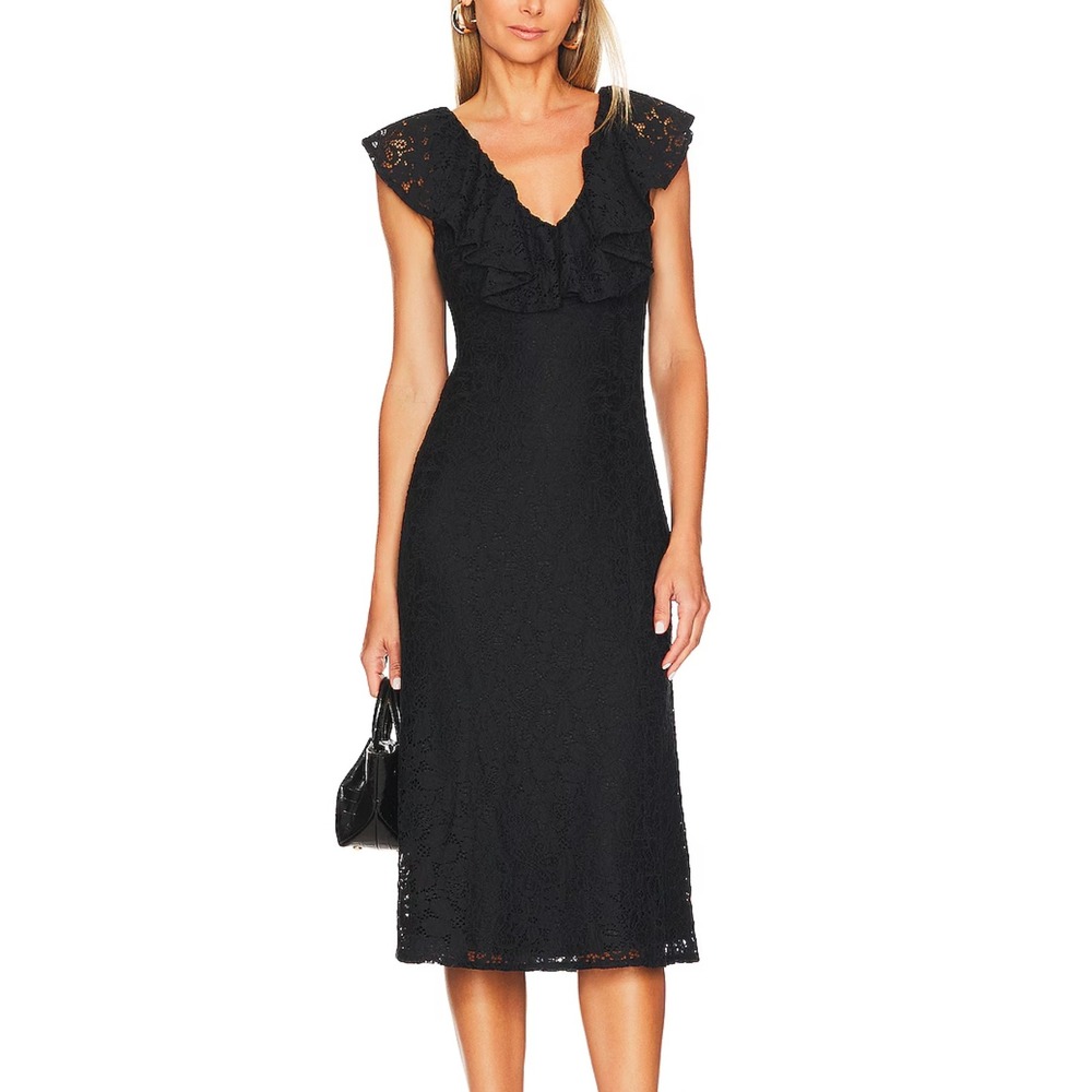 Tularosa Wendy Lace Midi Dress Ruffle Collar Black Back Tie Tassels Womens Small